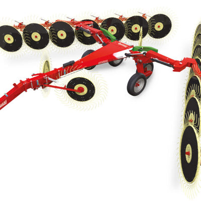 Enorossi 16-Wheel Maximus V-rake, 27'-30' raking, wheels forward, 60" wheels, gauge wheels, for 14'-18'