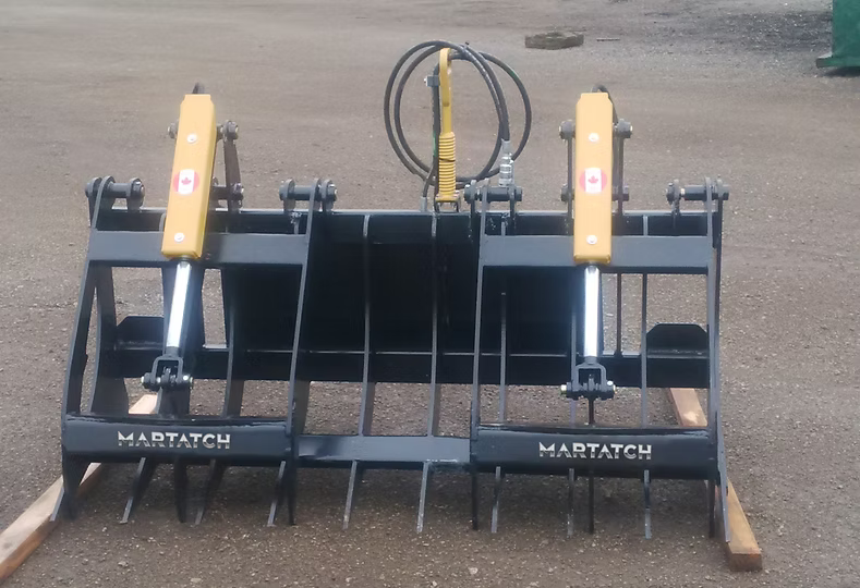 Martatch 72" Root Rake Grapple, AR400 tines, 2 cyl, hoses, skid steer mount MRRG72
