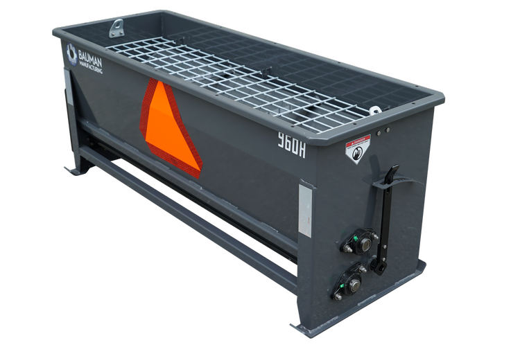Bauman 960H Spreader, 9 cf capacity, 60" spread width, 3-point, hydraulic variable-speed drive, hoses
