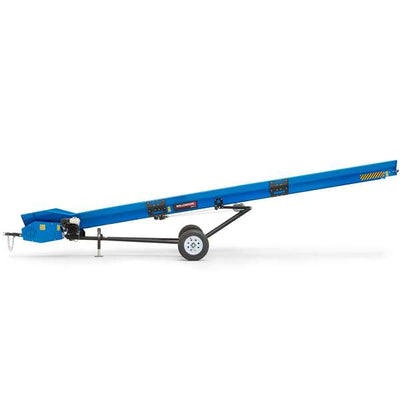 Wallenstein 24-Foot Conveyor, 13.5' pile height, 5 hp Vanguard, pivoting tires